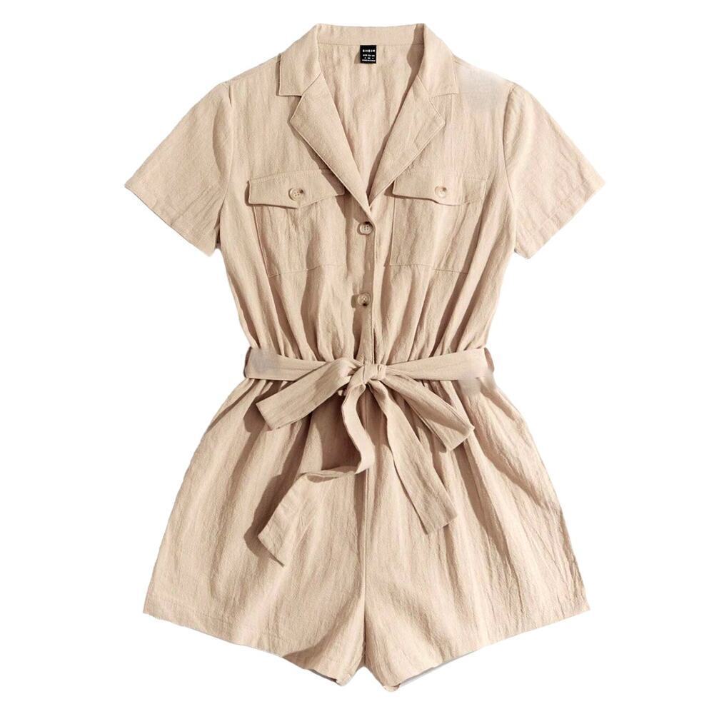 Flap Pocket Belted Shirt Romper in Apricot, Size S​​​​
